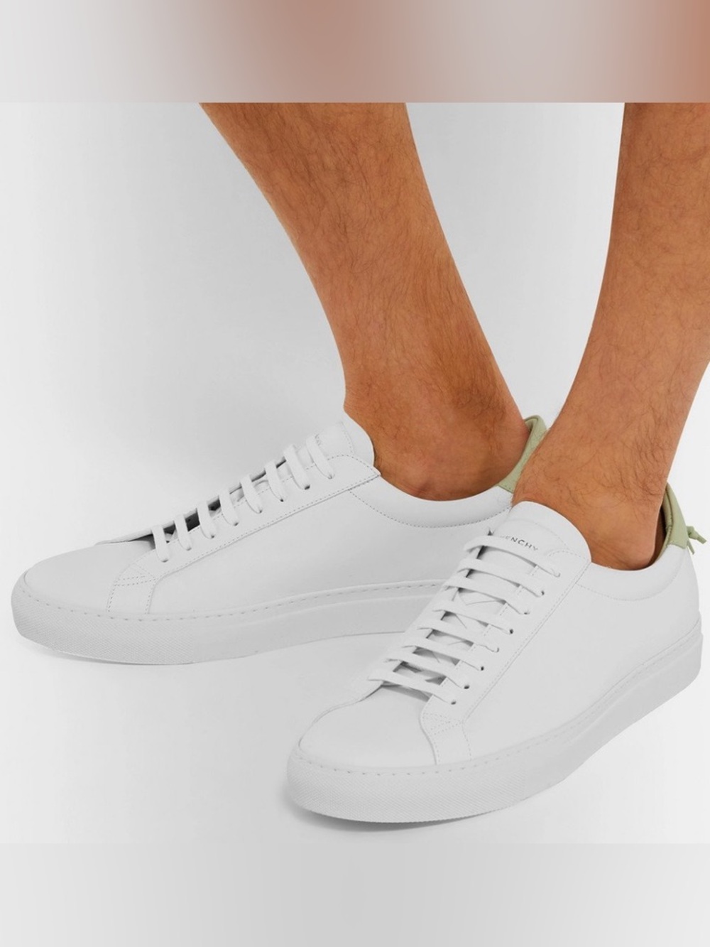 Givenchy White Sneakers with Sage Green Heel Panel and Gold Logo